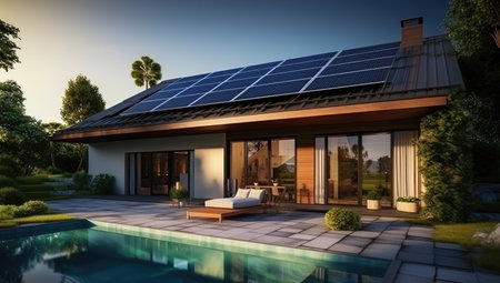 Modern Eco-Friendly Home with Solar Panels Overlooking a Pool by Generative AIの素材