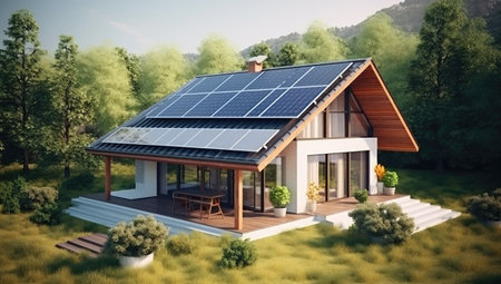 Modern Eco-Friendly Home with Solar Panels Overlooking a Pool by Generative AIの素材