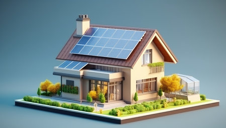 Modern Eco-Friendly Home with Solar Panels Overlooking a Pool by Generative AIの素材