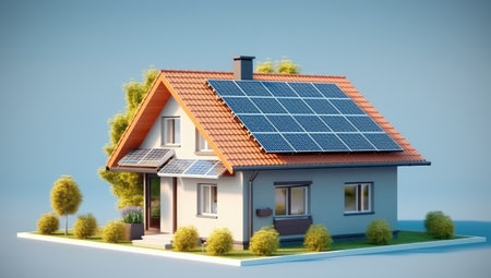 Modern Eco-Friendly Home with Solar Panels Overlooking a Pool by Generative AIの素材