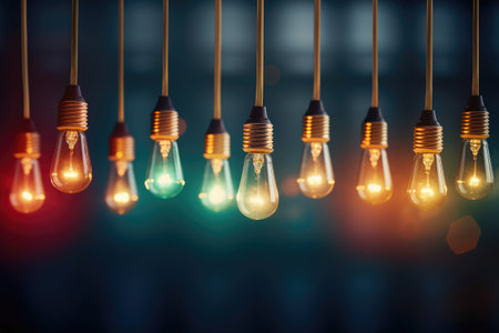 Illuminating Ideas: Vintage Light Bulbs Dangle with Warm Glow by Generative AIの素材