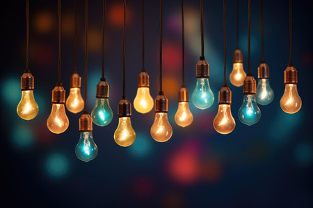 Illuminating Ideas: Vintage Light Bulbs Dangle with Warm Glow by Generative AIの素材