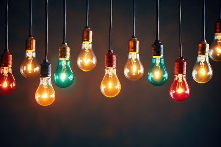 Illuminating Ideas: Vintage Light Bulbs Dangle with Warm Glow by Generative AIの素材