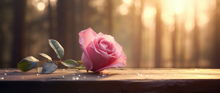 Solitary Pink Rose with Dew Drops at Sunrise in Serene Forest by Generative AIの素材