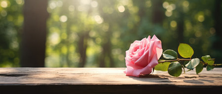 Solitary Pink Rose with Dew Drops at Sunrise in Serene Forest by Generative AIの素材