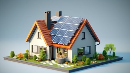 Modern Eco-Friendly Home with Solar Panels Overlooking a Pool by Generative AIの素材