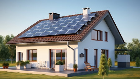 Modern Eco-Friendly Home with Solar Panels Overlooking a Pool by Generative AIの素材