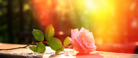 Solitary Pink Rose with Dew Drops at Sunrise in Serene Forest by Generative AIの素材