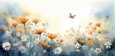 Serene Watercolor Sunrise over Flower Meadow with Fluttering Butterfly by Generative AIの素材