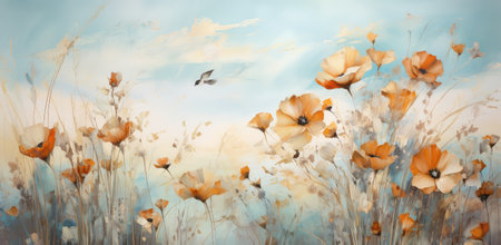 Delicate Watercolor Bird Perched on Autumn Blooms in Serene Artwork by Generative AIの素材