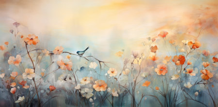 Delicate Watercolor Bird Perched on Autumn Blooms in Serene Artwork by Generative AIの素材