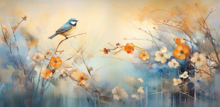 Delicate Watercolor Bird Perched on Autumn Blooms in Serene Artwork by Generative AIの素材