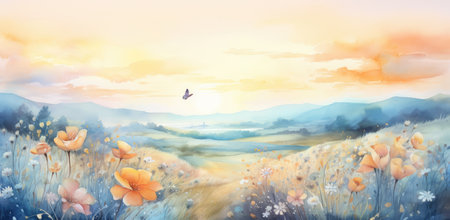 Serene Watercolor Sunrise over Flower Meadow with Fluttering Butterfly by Generative AIの素材