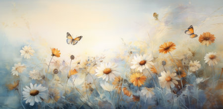 Serene Watercolor Sunrise over Flower Meadow with Fluttering Butterfly by Generative AIの素材