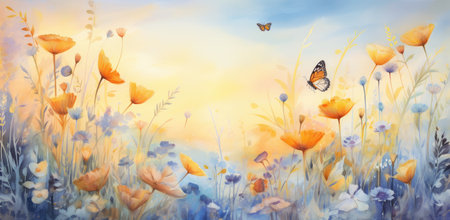 Serene Watercolor Sunrise over Flower Meadow with Fluttering Butterfly by Generative AIの素材