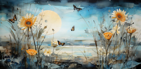 Serene Watercolor Sunrise over Flower Meadow with Fluttering Butterfly by Generative AIの素材
