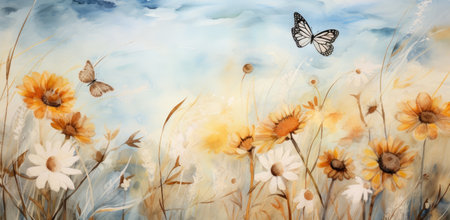 Serene Watercolor Sunrise over Flower Meadow with Fluttering Butterfly by Generative AIの素材