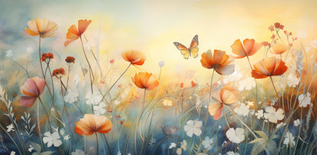 Serene Watercolor Sunrise over Flower Meadow with Fluttering Butterfly by Generative AIの素材