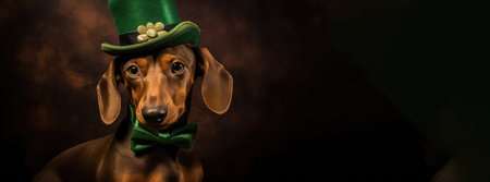 Charming Long-Haired Dachshund in Leprechaun Attire for St. Patrick's Day by Generative AIの素材