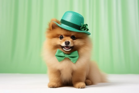 Adorable Pomeranian Dog Dressed in St. Patrick's Day Green Hat and Bowtie by Generative AIの素材