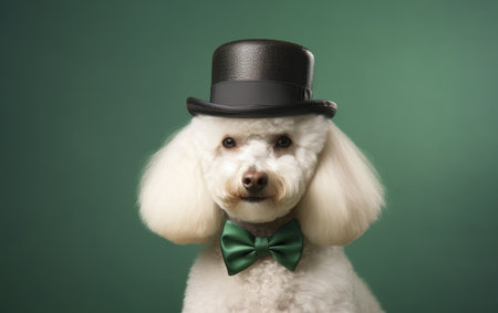 Elegant Poodle in Top Hat and Green Bowtie Celebrating St. Patrick's by Generative AIの素材