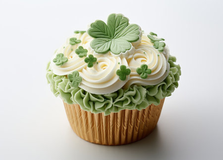 Delicious Shamrock-Decorated Cupcake with Green Frosting for St. Patrick's Day by Generative AIの素材