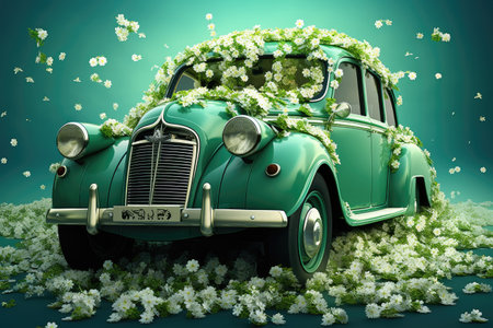 Emerald Elegance: A Classic Car Enveloped in Nature's Splendor by Generative AIの素材