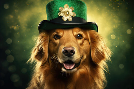 Charming Golden Retriever in Festive Hat Ready for St. Patrick's Day by Generative AIの素材