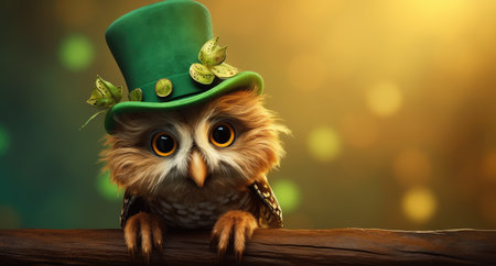Whimsical Owl Dons a Festive Hat for St. Patrick's Day Celebrations by Generative AIの素材