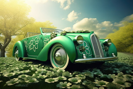 Emerald Elegance: A Classic Car Enveloped in Nature's Splendor by Generative AIの素材