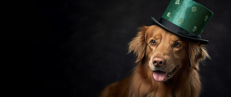 Charming Golden Retriever in Festive Hat Ready for St. Patrick's Day by Generative AIの素材