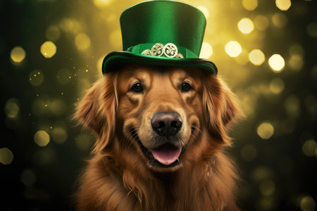 Charming Golden Retriever in Festive Hat Ready for St. Patrick's Day by Generative AIの素材