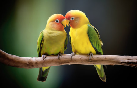 Affectionate Lovebird Duo Perched Together in Harmony - Captured by Generative AIの素材