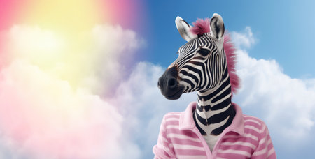 Stylish Zebra in Pink Sweater Dreams High Amongst the Clouds by Generative AIの素材