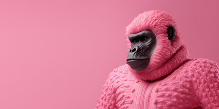 Stylish Gorilla in Chic Pink - A Whimsical Portrait of Fashion and Nature by Generative AIの素材