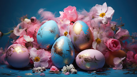 Exquisite Easter Eggs Adorned with Gold Amidst Spring Flowers by Generative AIの素材