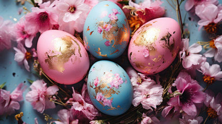 Exquisite Easter Eggs Adorned with Gold Amidst Spring Flowers by Generative AIの素材