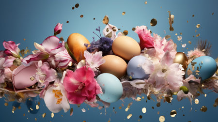 Exquisite Easter Eggs Adorned with Gold Amidst Spring Flowers by Generative AIの素材