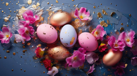 Exquisite Easter Eggs Adorned with Gold Amidst Spring Flowers by Generative AIの素材
