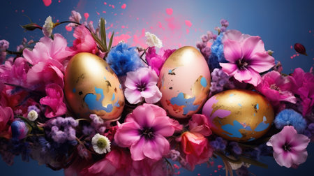 Exquisite Easter Eggs Adorned with Gold Amidst Spring Flowers by Generative AIの素材