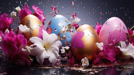 Exquisite Easter Eggs Adorned with Gold Amidst Spring Flowers by Generative AIの素材
