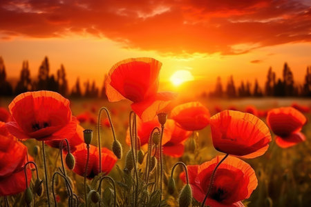 Impressionistic Red Poppies Blooming at Golden Sunrise in Meadow by Generative AIの素材