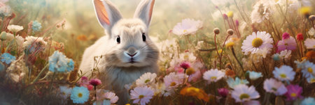Enchanted Meadow: A White Rabbit's Haven Among Vibrant Wildflowers by Generative AIの素材