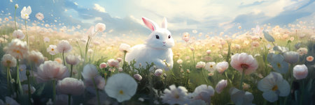 Enchanted Meadow: A White Rabbit's Haven Among Vibrant Wildflowers by Generative AIの素材