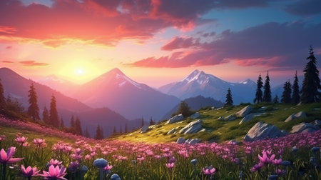 Idyllic Summer Mountain Meadow Aglow with Sunset and Wildflowers by Generative AIの素材