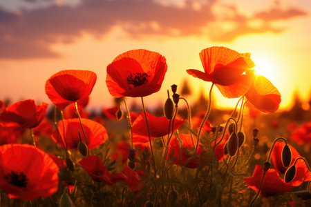 Impressionistic Red Poppies Blooming at Golden Sunrise in Meadow by Generative AIの素材