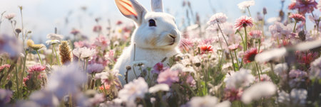 Enchanted Meadow: A White Rabbit's Haven Among Vibrant Wildflowers by Generative AIの素材