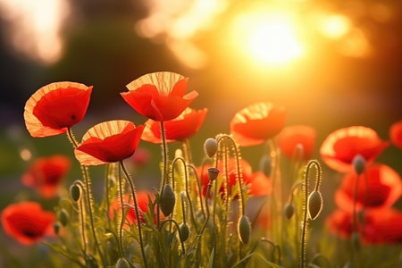 Impressionistic Red Poppies Blooming at Golden Sunrise in Meadow by Generative AIの素材