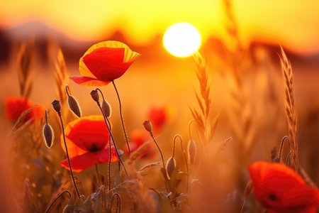 Impressionistic Red Poppies Blooming at Golden Sunrise in Meadow by Generative AIの素材