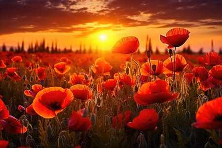 Impressionistic Red Poppies Blooming at Golden Sunrise in Meadow by Generative AIの素材